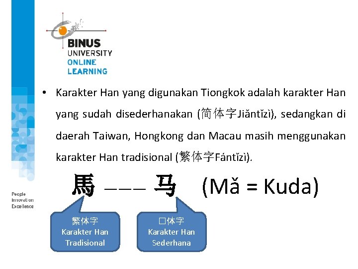  • Karakter Han yang digunakan Tiongkok adalah karakter Han yang sudah disederhanakan (简体字Jiǎntǐzì),