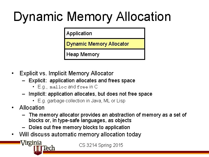 Dynamic Memory Allocation Application Dynamic Memory Allocator Heap Memory • Explicit vs. Implicit Memory