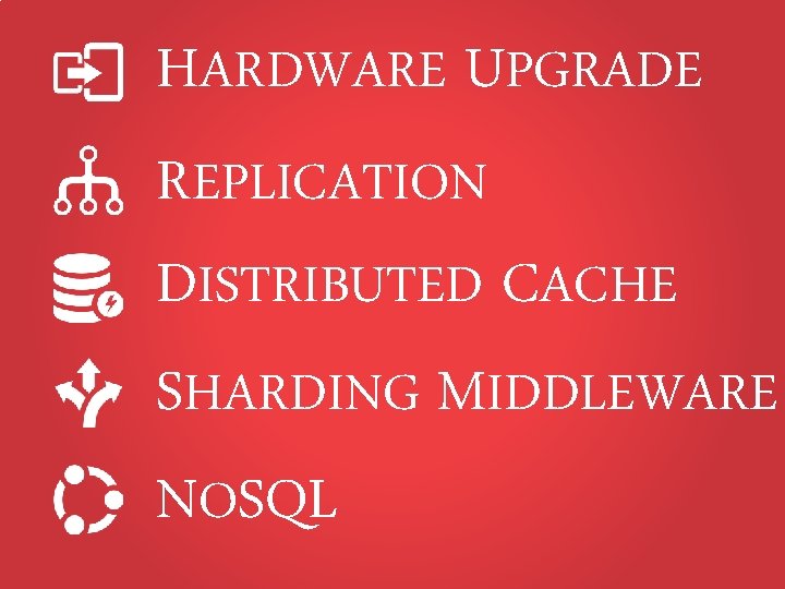 HARDWARE UPGRADE REPLICATION DISTRIBUTED CACHE SHARDING MIDDLEWARE NOSQL 