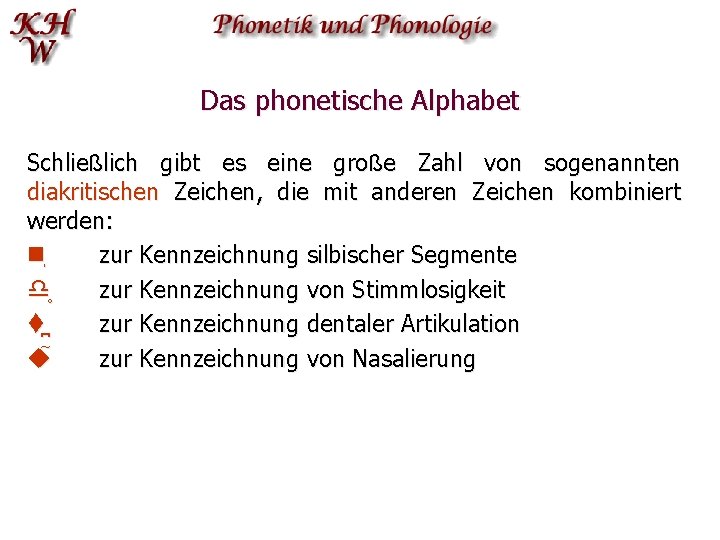 Das phonetische Alphabet Schließlich gibt es eine große Zahl von sogenannten diakritischen Zeichen, die