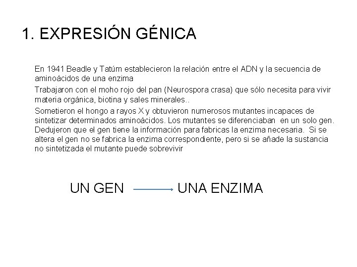 1. EXPRESIÓN GÉNICA En 1941 Beadle y Tatúm establecieron la relación entre el ADN