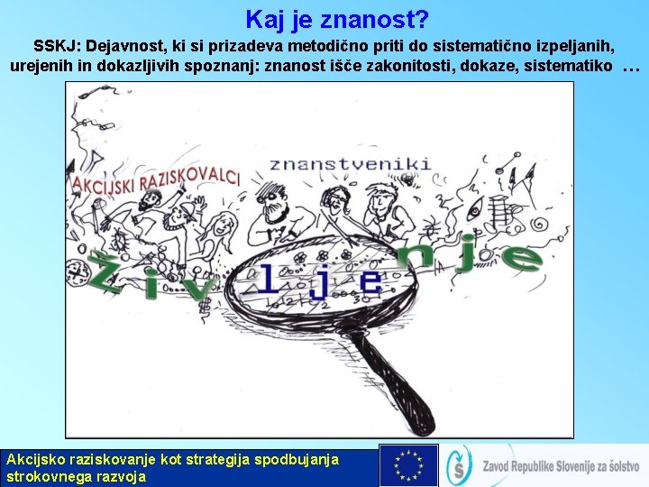 Kaj je znanost? SSKJ: Dejavnost, ki si prizadeva metodično priti do sistematično izpeljanih, urejenih