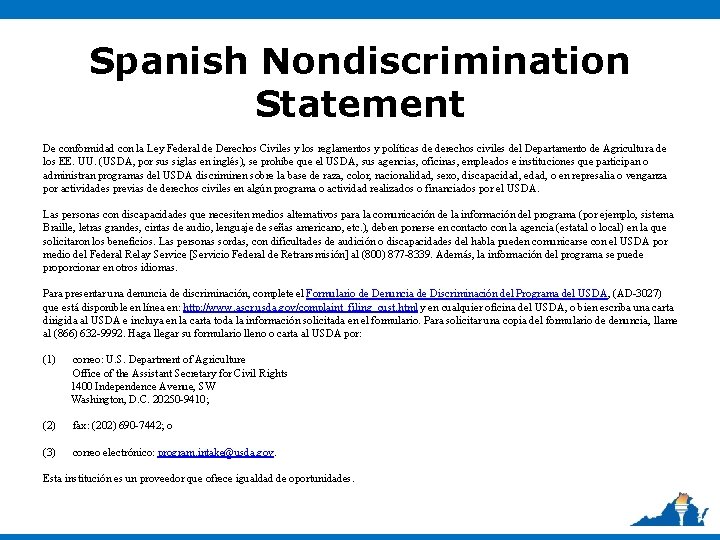 Spanish Nondiscrimination Statement De conformidad con la Ley Federal de Derechos Civiles y los