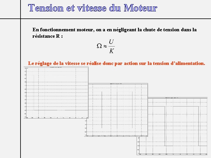 Tension et vitesse du Moteur En fonctionnement moteur, on a en négligeant la chute