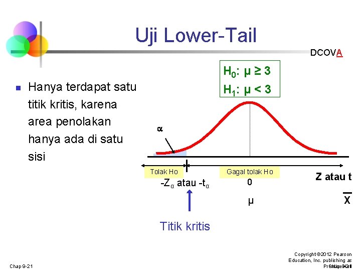 Uji Lower-Tail DCOVA H 0: μ ≥ 3 n Hanya terdapat satu titik kritis, Uji Lower-Tail DCOVA H 0: μ ≥ 3 n Hanya terdapat satu titik kritis,