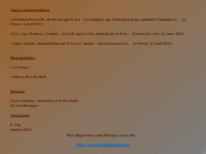 Sources documentaires • Mathieu Perreault, «Protester par le feu – Ces indignés qui s’immolent