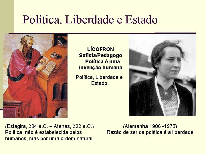 Política, Liberdade e Estado LÍCOFRON Sofista/Pedagogo Política é uma invenção humana Política, Liberdade e