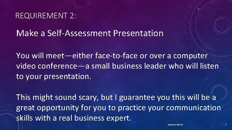 REQUIREMENT 2: Make a Self-Assessment Presentation You will meet—either face-to-face or over a computer