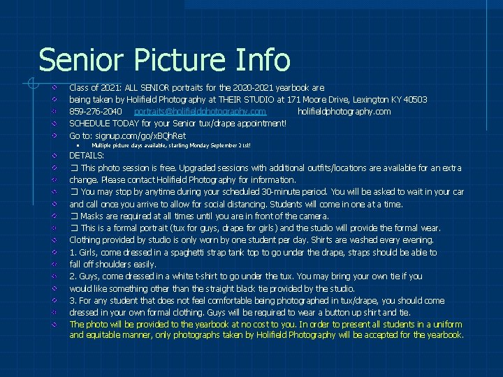 Senior Picture Info Class of 2021: ALL SENIOR portraits for the 2020 -2021 yearbook