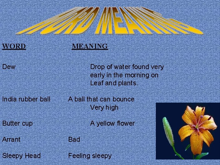 WORD MEANING Dew India rubber ball Drop of water found very early in the