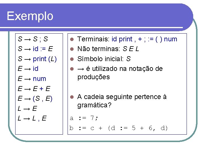 Exemplo S→S; S S → id : = E S → print (L) E