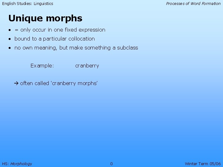 English Studies: Linguistics Processes of Word Formation Unique morphs • = only occur in