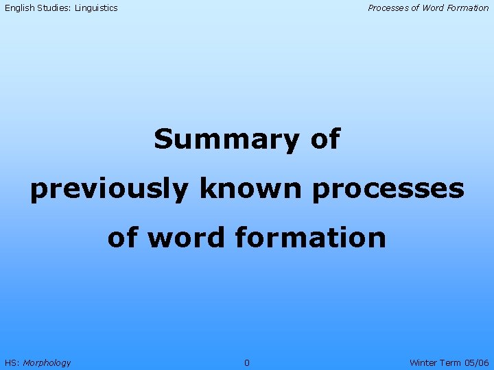 English Studies: Linguistics Processes of Word Formation Summary of previously known processes of word