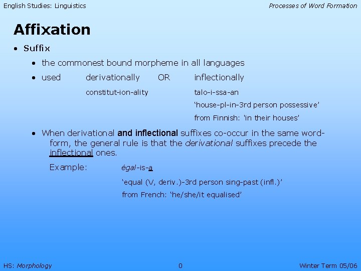 English Studies: Linguistics Processes of Word Formation Affixation • Suffix • the commonest bound