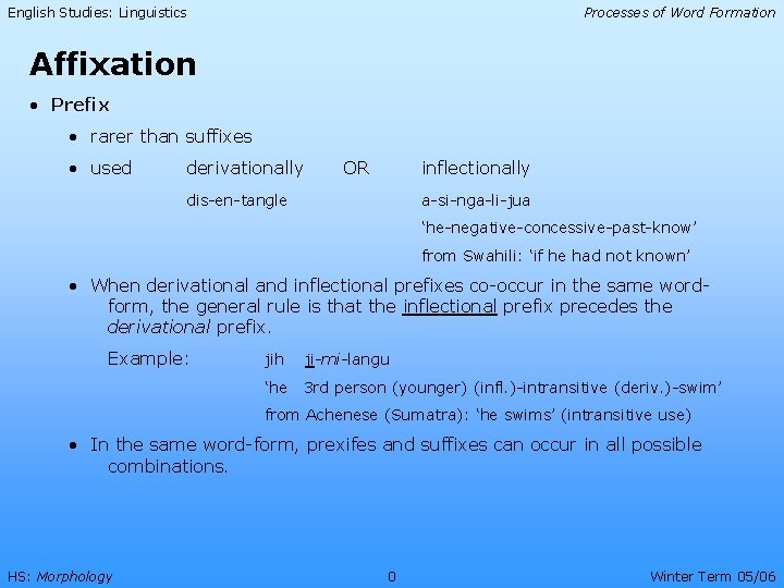 English Studies: Linguistics Processes of Word Formation Affixation • Prefix • rarer than suffixes
