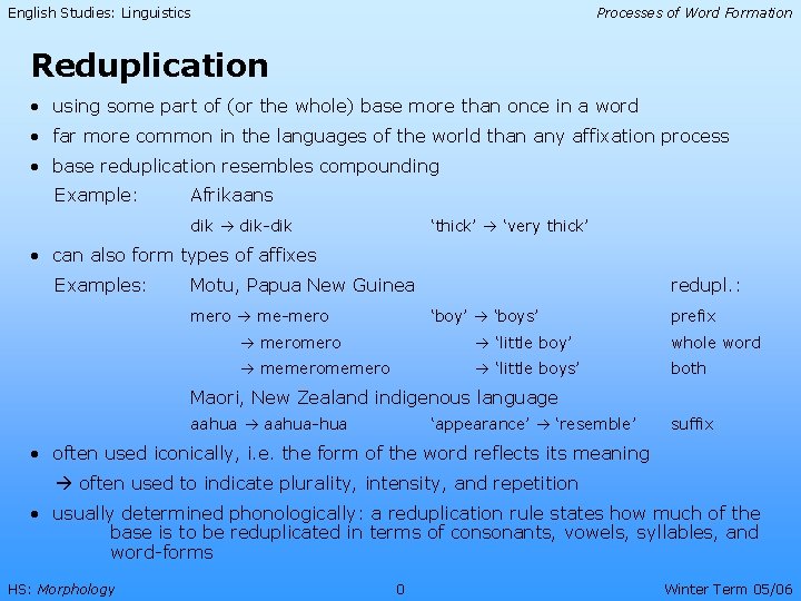 English Studies: Linguistics Processes of Word Formation Reduplication • using some part of (or