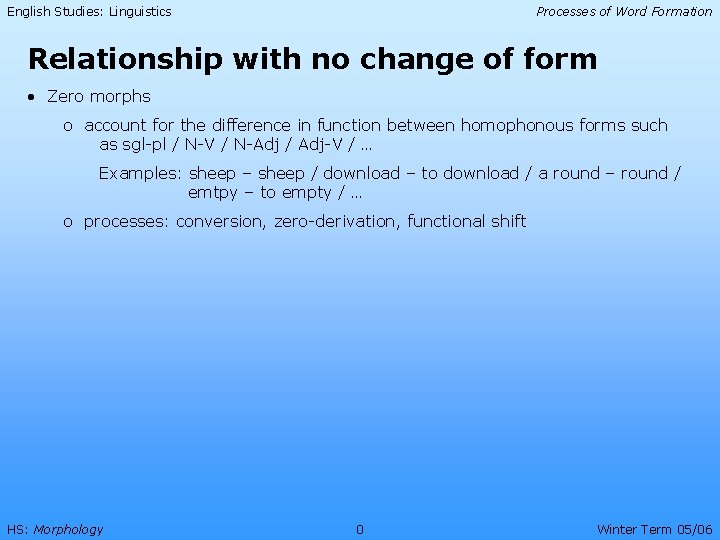 English Studies: Linguistics Processes of Word Formation Relationship with no change of form •