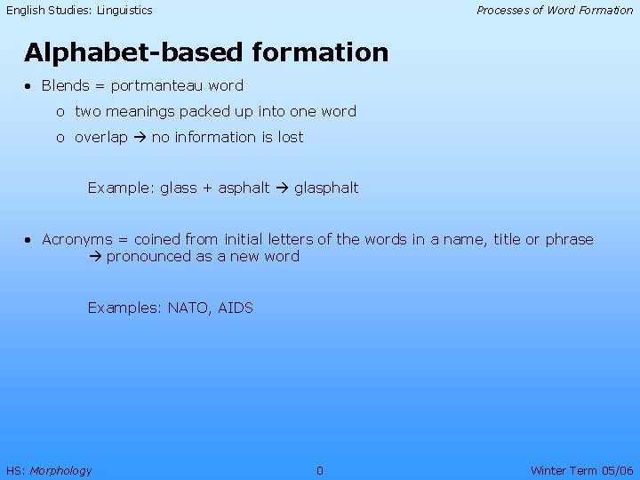 English Studies: Linguistics Processes of Word Formation Alphabet-based formation • Blends = portmanteau word