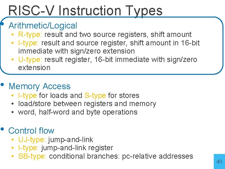 RISC-V Instruction Types • Arithmetic/Logical • R-type: result and two source registers, shift amount