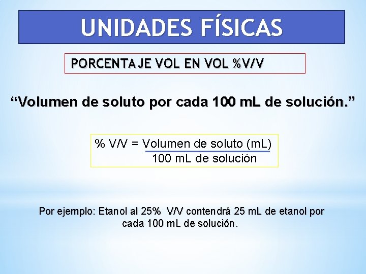 UNIDADES FÍSICAS PORCENTAJE VOL EN VOL %V/V “Volumen de soluto por cada 100 m.