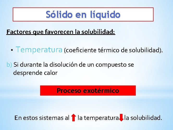 Sólido en líquido Factores que favorecen la solubilidad: • Temperatura (coeficiente térmico de solubilidad).