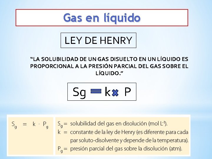 Gas en líquido LEY DE HENRY “LA SOLUBILIDAD DE UN GAS DISUELTO EN UN