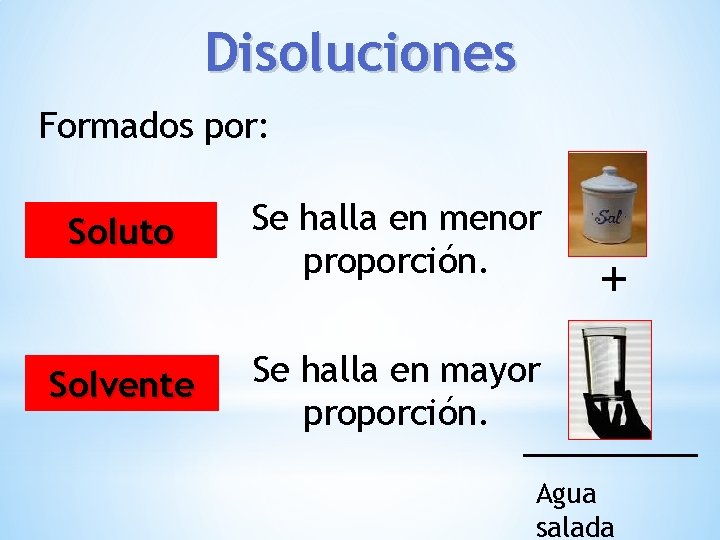 Disoluciones Formados por: Soluto Se halla en menor proporción. Solvente Se halla en mayor