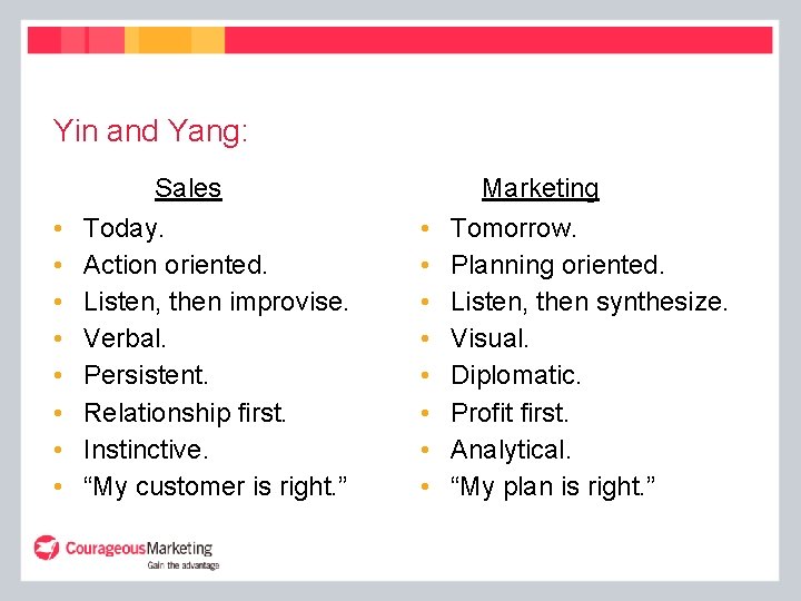 Yin and Yang: • • Sales Today. Action oriented. Listen, then improvise. Verbal. Persistent. Yin and Yang: • • Sales Today. Action oriented. Listen, then improvise. Verbal. Persistent.