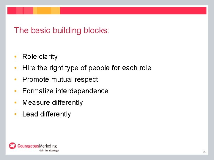 The basic building blocks: • Role clarity • Hire the right type of people