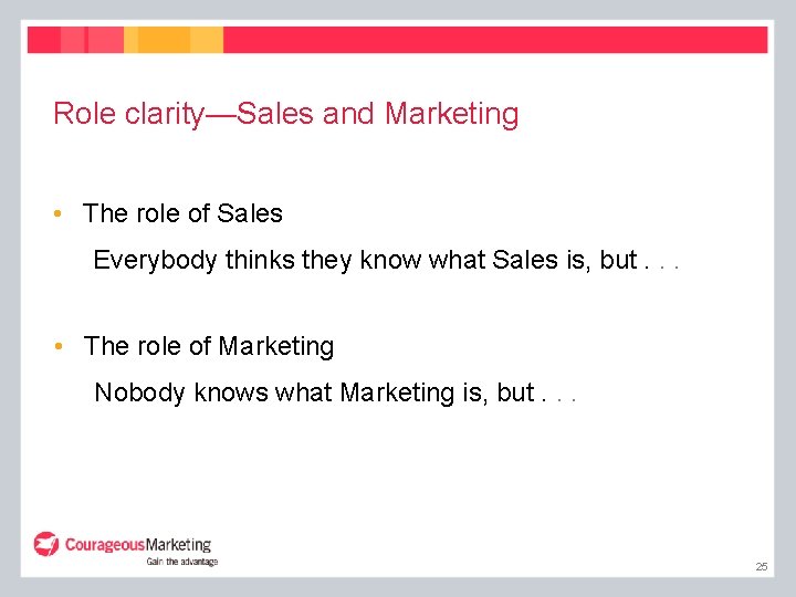 Role clarity—Sales and Marketing • The role of Sales Everybody thinks they know what