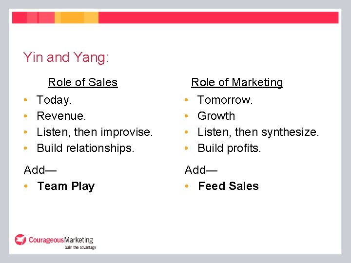 Yin and Yang: • • Role of Sales Today. Revenue. Listen, then improvise. Build