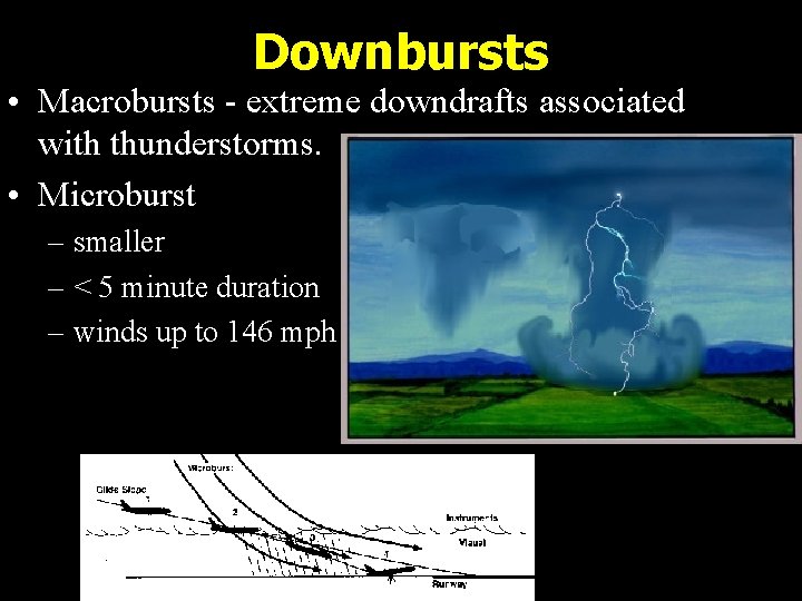 Downbursts • Macrobursts - extreme downdrafts associated with thunderstorms. • Microburst – smaller –