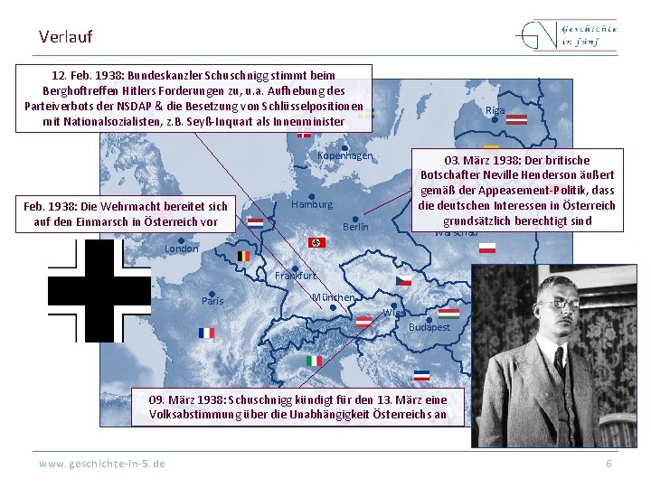 Verlauf 12. Feb. 1938: Bundeskanzler Schuschnigg stimmt beim Berghoftreffen Hitlers Forderungen zu, u. a.