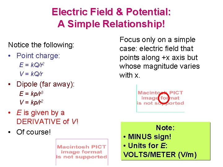 Electric Field & Potential: A Simple Relationship! Notice the following: • Point charge: E
