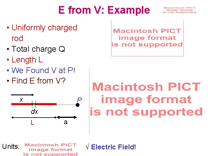 E from V: Example • Uniformly charged rod • Total charge Q • Length