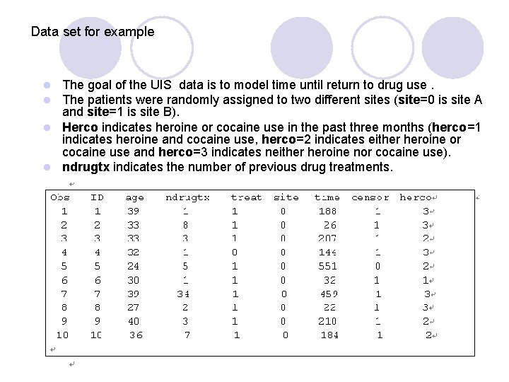 Data set for example The goal of the UIS data is to model time