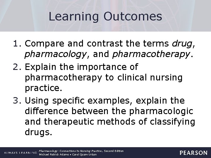 Learning Outcomes 1. Compare and contrast the terms drug, pharmacology, and pharmacotherapy. 2. Explain