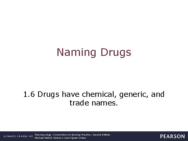 Naming Drugs 1. 6 Drugs have chemical, generic, and trade names. Pharmacology: Connections to