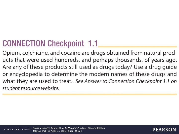 Connection Checkpoint 1. 1 Pharmacology: Connections to Nursing Practice , Second Edition Michael Patrick