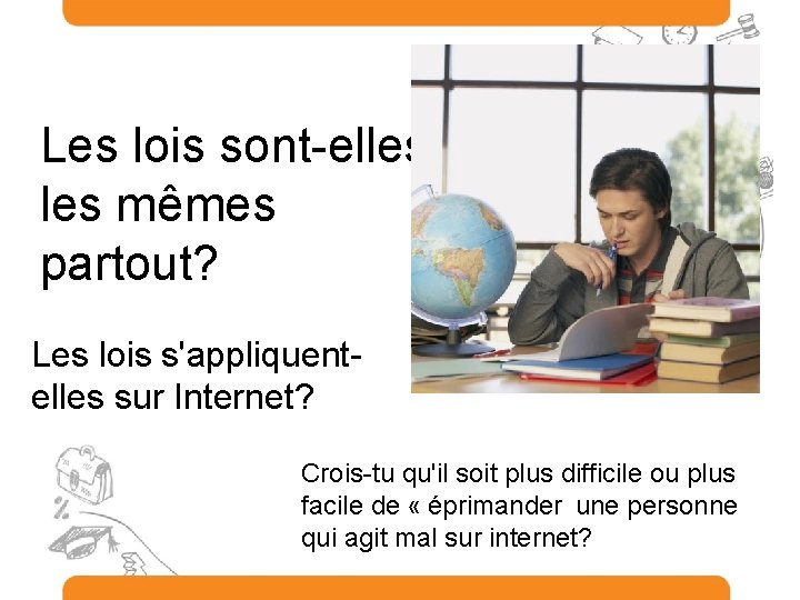 Les lois sont-elles mêmes partout? Les lois s'appliquentelles sur Internet? Crois-tu qu'il soit plus