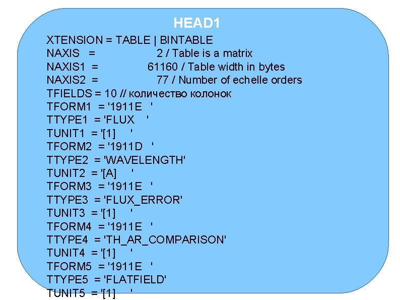 HEAD 1 XTENSION = TABLE | BINTABLE NAXIS = 2 / Table is a