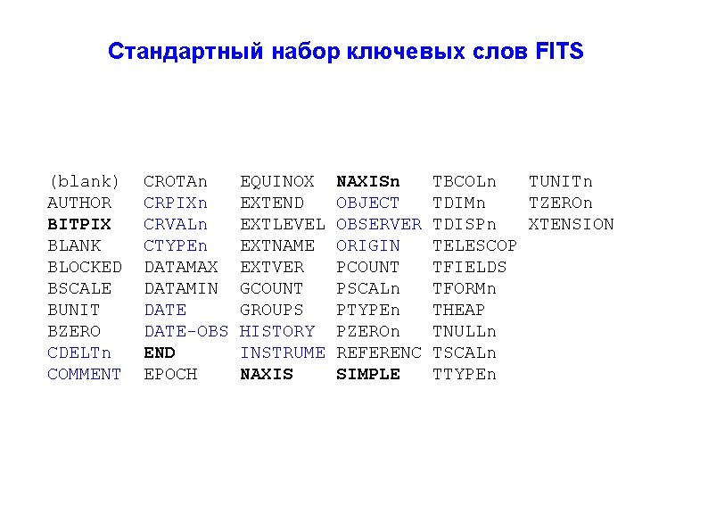 Стандартный набор ключевых слов FITS (blank) AUTHOR BITPIX BLANK BLOCKED BSCALE BUNIT BZERO CDELTn