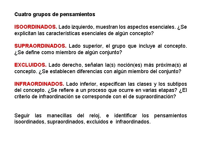 Cuatro grupos de pensamientos ISOORDINADOS. Lado izquierdo, muestran los aspectos esenciales. ¿Se explicitan las