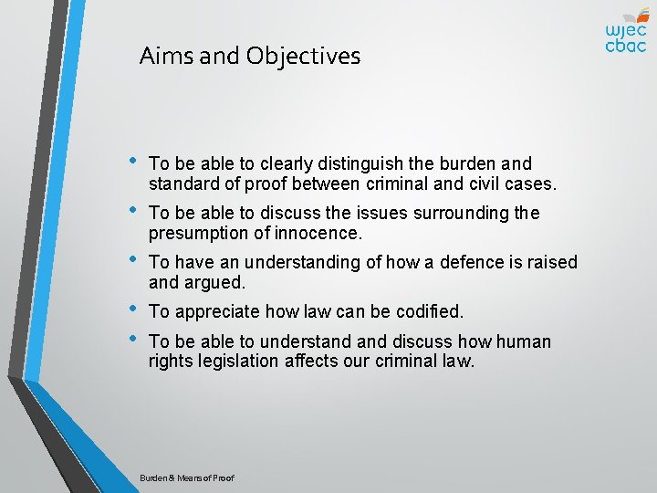 Aims and Objectives • To be able to clearly distinguish the burden and standard