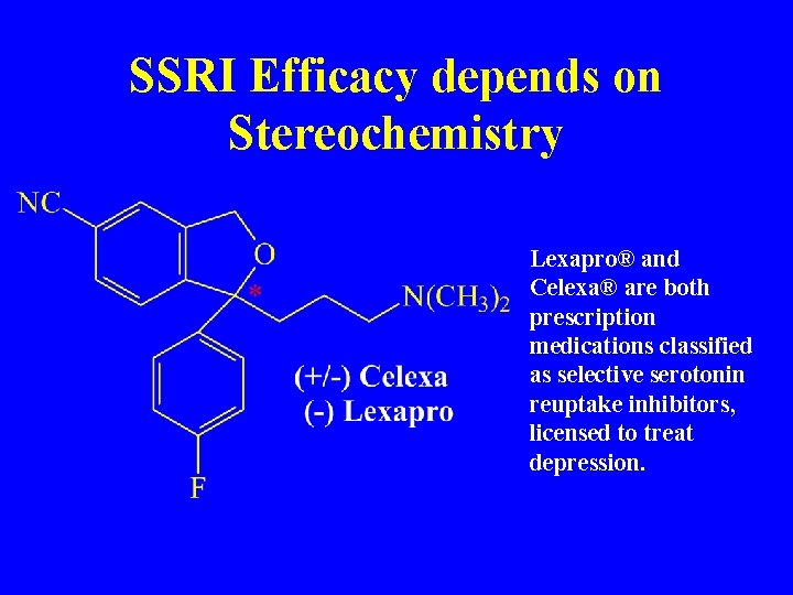 SSRI Efficacy depends on Stereochemistry Lexapro® and Celexa® are both prescription medications classified as