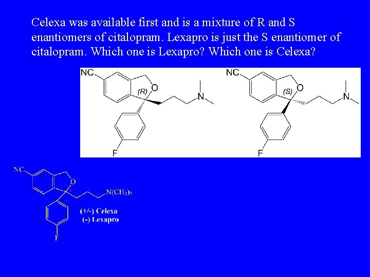 Celexa was available first and is a mixture of R and S enantiomers of
