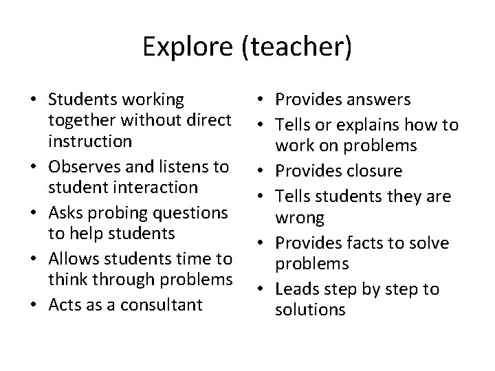 Explore (teacher) • Students working together without direct instruction • Observes and listens to