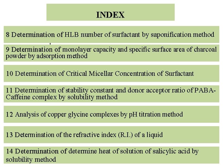 INDEX 8 Determination of HLB number of surfactant by saponification method 8 Determination of