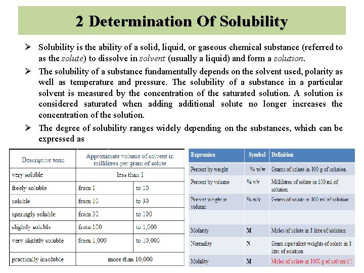 2 Determination Of Solubility Ø Solubility is the ability of a solid, liquid, or