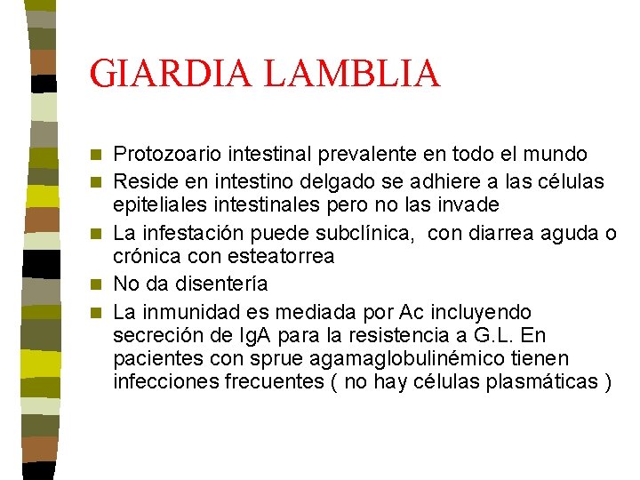 GIARDIA LAMBLIA n n n Protozoario intestinal prevalente en todo el mundo Reside en GIARDIA LAMBLIA n n n Protozoario intestinal prevalente en todo el mundo Reside en